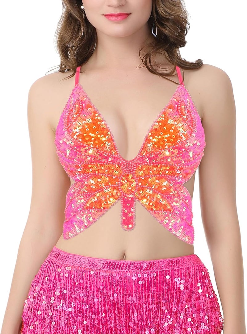 Mocure Womens Glitter Sequin Butterfly Crop Top Low-Cut Tank Top Rave Tube Vest Top for Belly Dance Costume Outfits - Image 2
